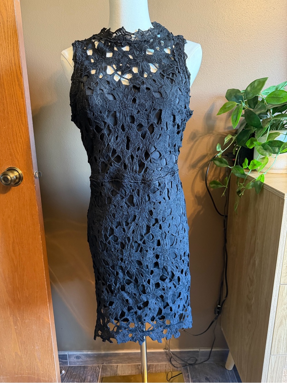She + Sky Black Crochet Lace High-Neck Sleeveless Mini Dress
